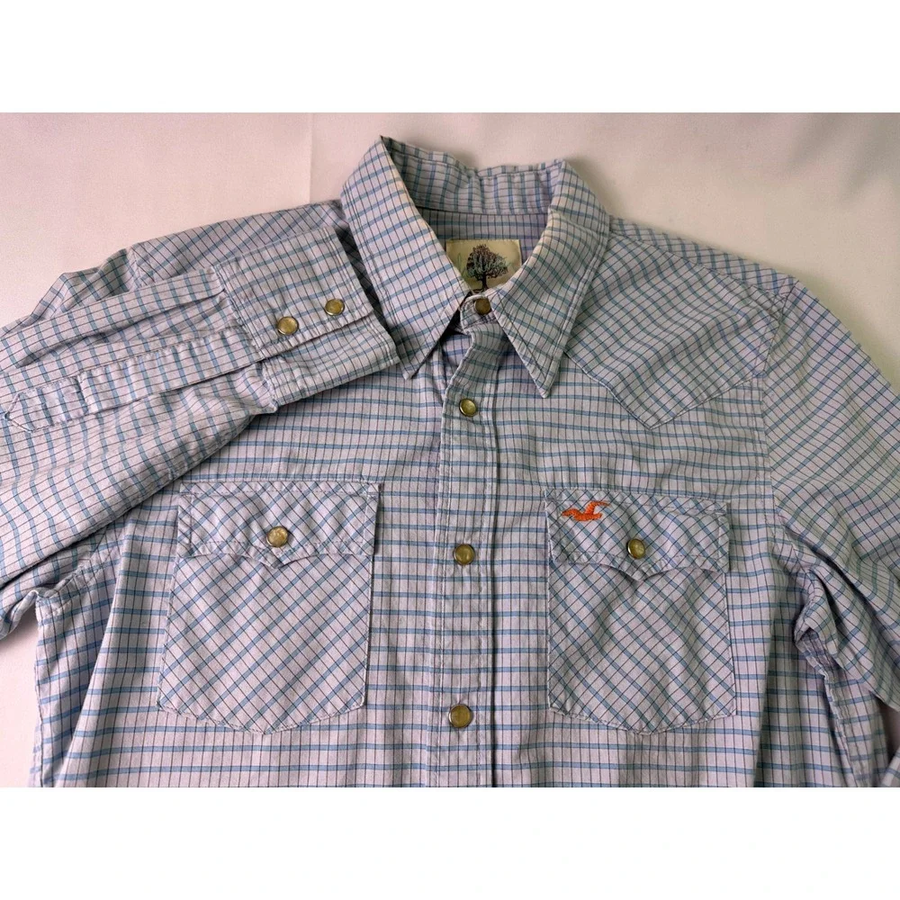 HOLLISTER Mens S Western Pearl Snap‎ Long Sleeve Plaid Y2K Blue Button Shirt